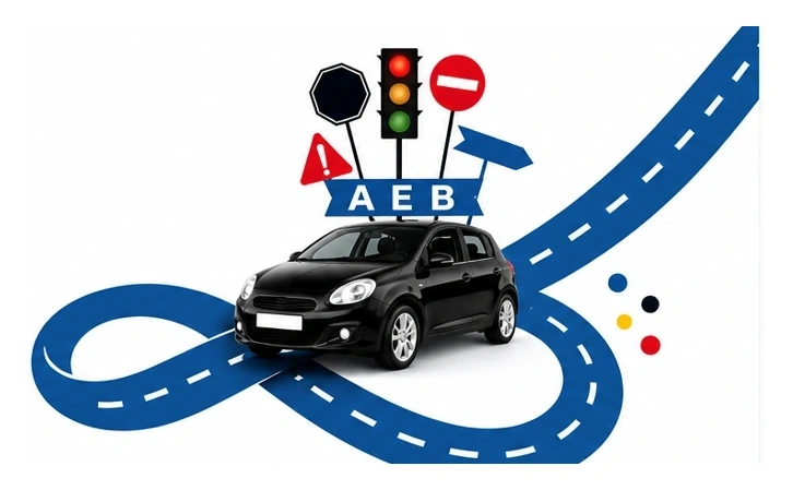 Voiture Auto École Bajjou sur la route bleue avec signalisation
